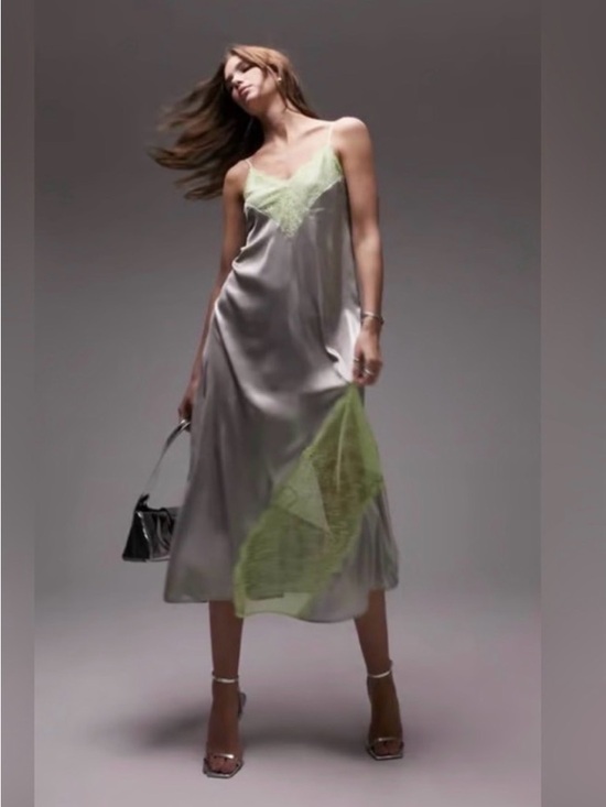 Topshop Dresses & Skirts - Topshop Silver Slip Dress with Lime Lace Trim